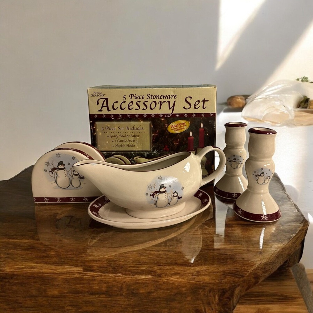Royal Seasons 5 Piece Stoneware Accessory Set Snowman Christmas Holiday Gift Set